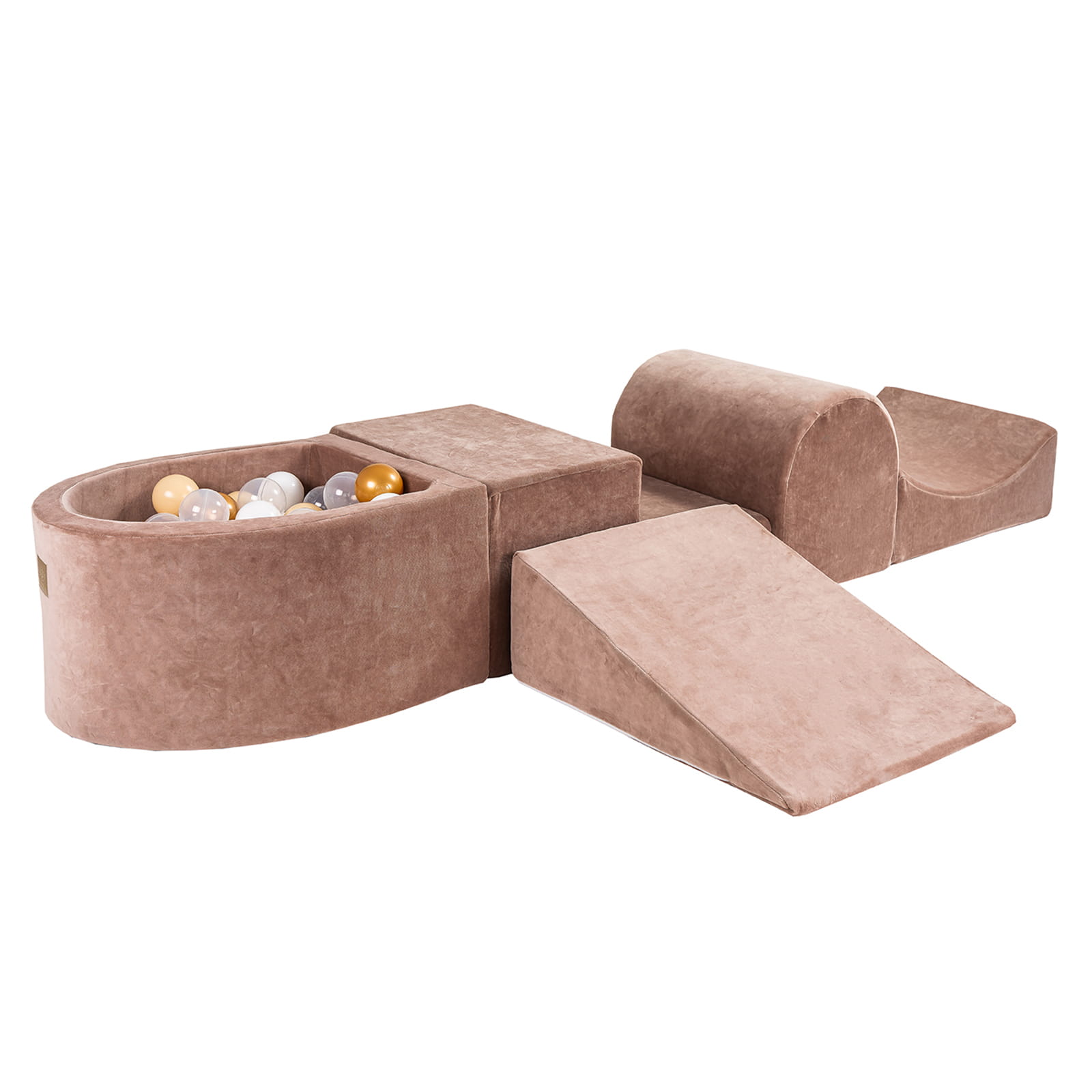 Meow, Beige byggbar fløjl legeplads med boldbassin, 100 bolde (Guld/Hvid/Transparent/Beige)