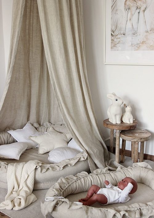 Natur/beige sengehimmel af linned til børneværelset med lyskæde , Cotton&Sweets