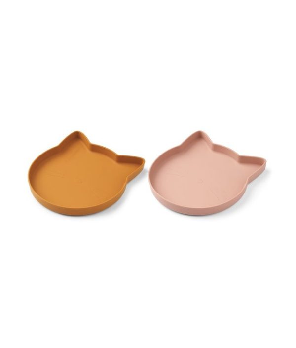 Liewood, Marty silikontallrik 2-pak, Cat mustard/dark rose mix
