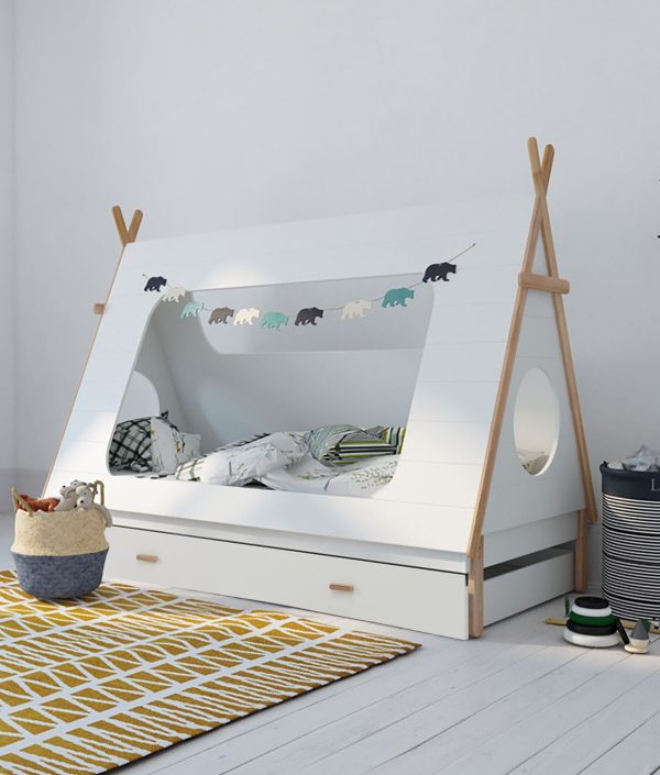 Hvid husseng tipi 90x200 med opbevaringsskuffer