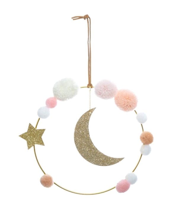 Vægdekoration glitter måne med pompom