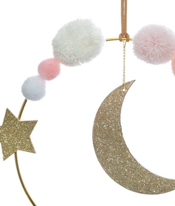 Vægdekoration glitter måne med pompom