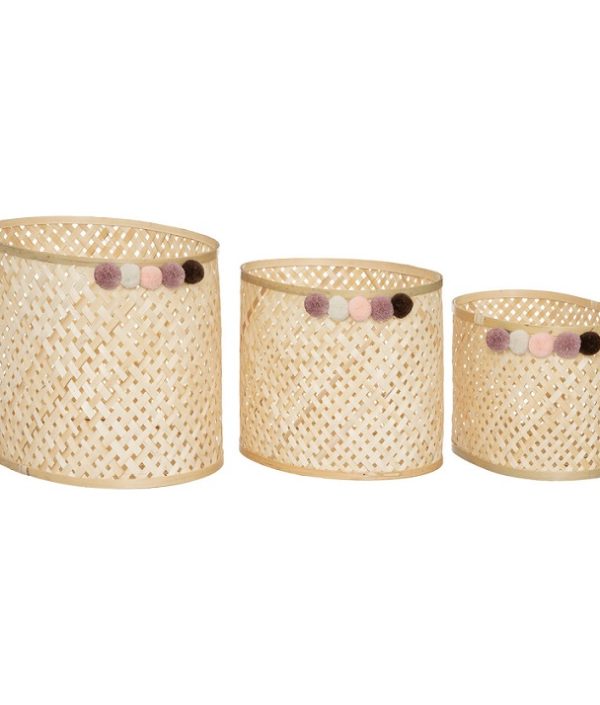 Opbevaringskurv med pompom bambus, 3-pak