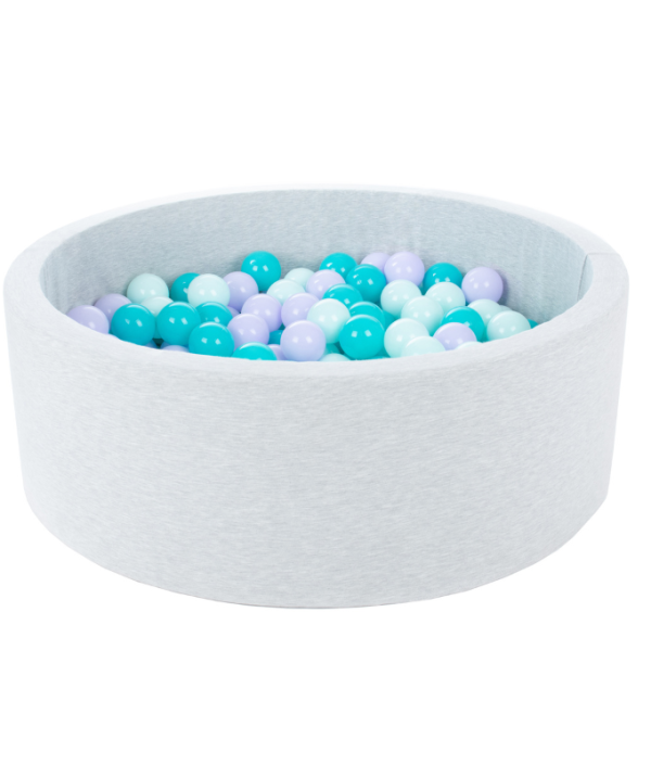 Lysegrå boldhav BASIC, 90x30 med bollar (lilac, turkis, mint)