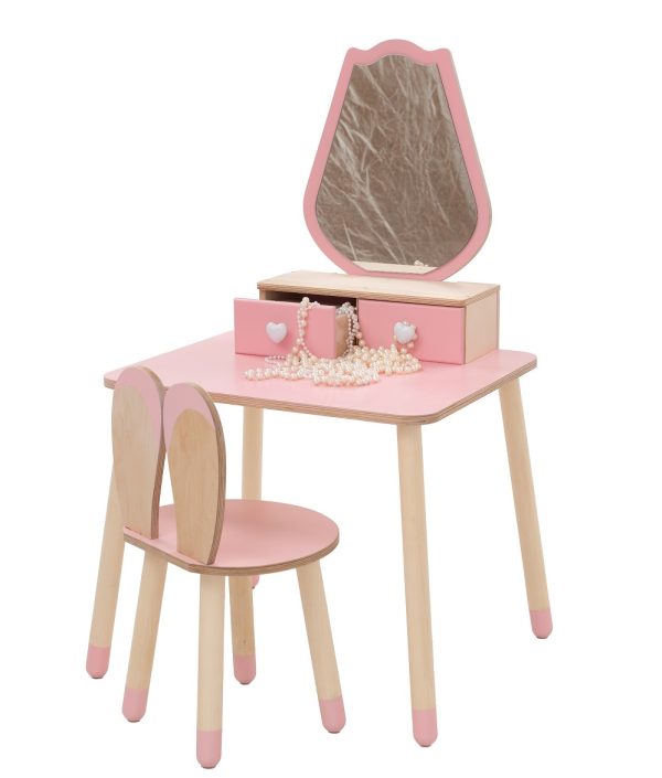 Sminkebord tulipan med kaninstol, rosa/natur