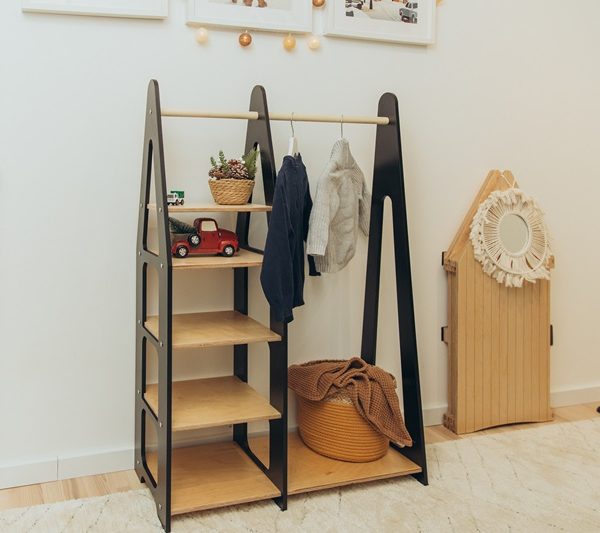 Duck Woodworks, garderobe tøjstang med hylder, sort/natur