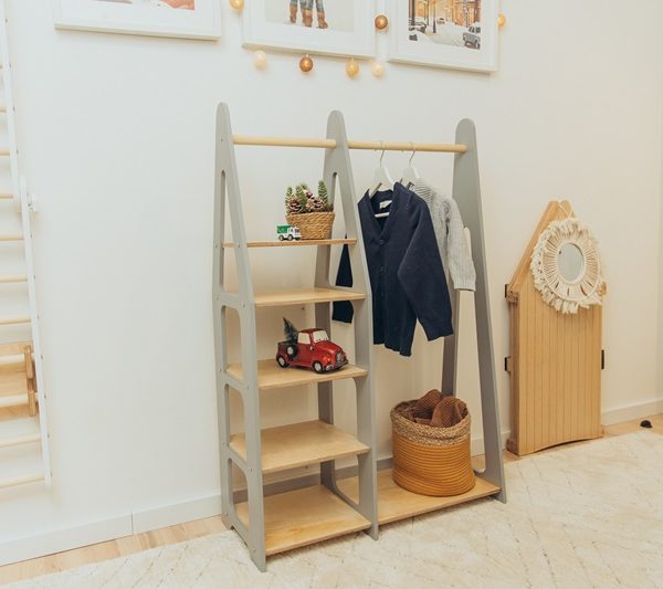Duck Woodworks, garderobe tøjstang med hylder, grå/natur