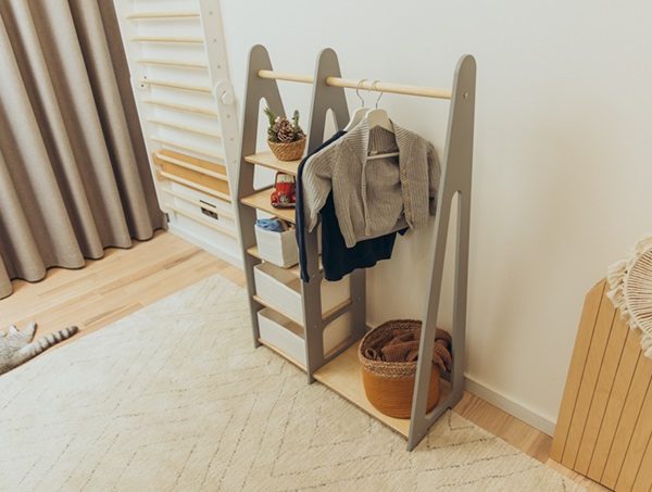 Duck Woodworks, garderobe tøjstang med hylder, grå/natur