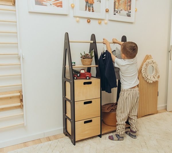 Duck Woodworks, garderobe tøjstang med skuffer, sort/natur