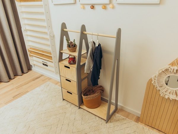 Duck Woodworks, garderobe tøjstang med skuffer, grå/natur