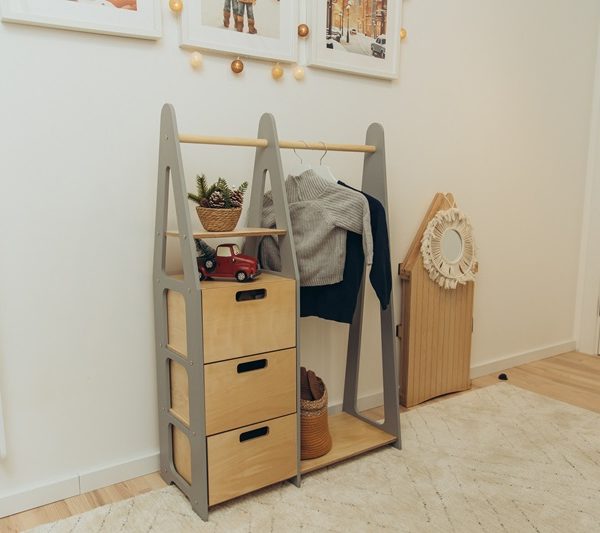 Duck Woodworks, garderobe tøjstang med skuffer, grå/natur