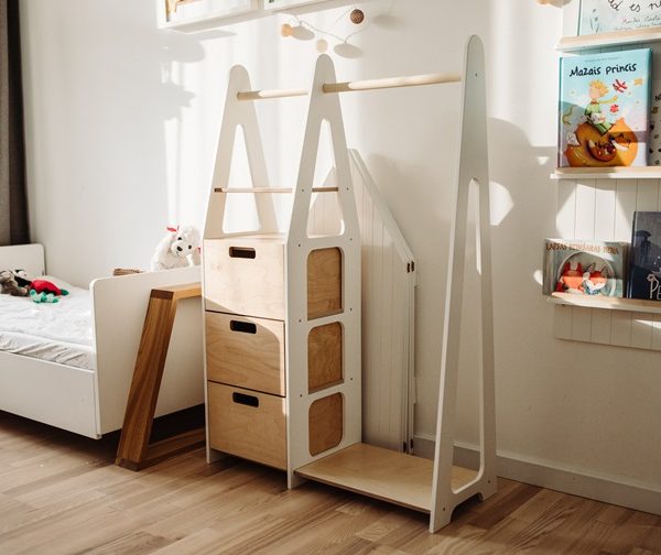 Duck Woodworks, garderobe tøjstang med skuffer, hvid/natur