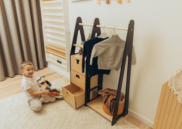 Duck Woodworks, garderob tøjstang med skuffer Clothes, sort/natur