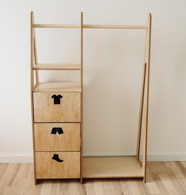Duck Woodworks, garderob tøjstang med skuffer Clothes, natur